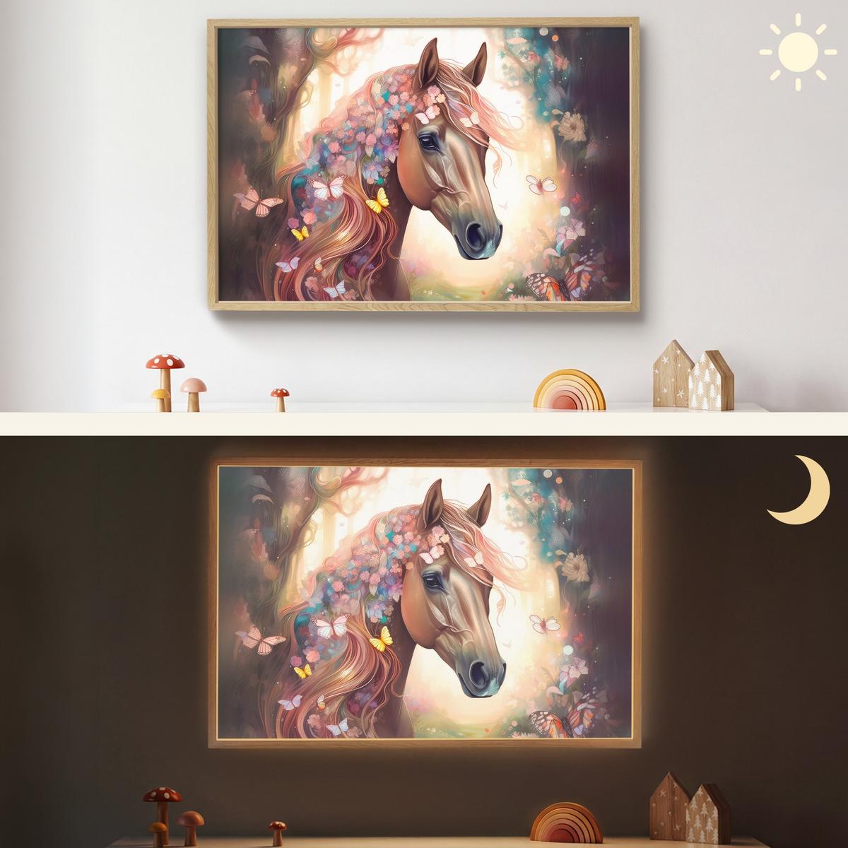 WANDLEUCHTE MIT AKKU Pferd - Natur - Blumen - Schmetterlinge - Wald 90x60 cm - Dunkelbraun, Holzwerkstoff (90/60/8cm) - OnlyWow
