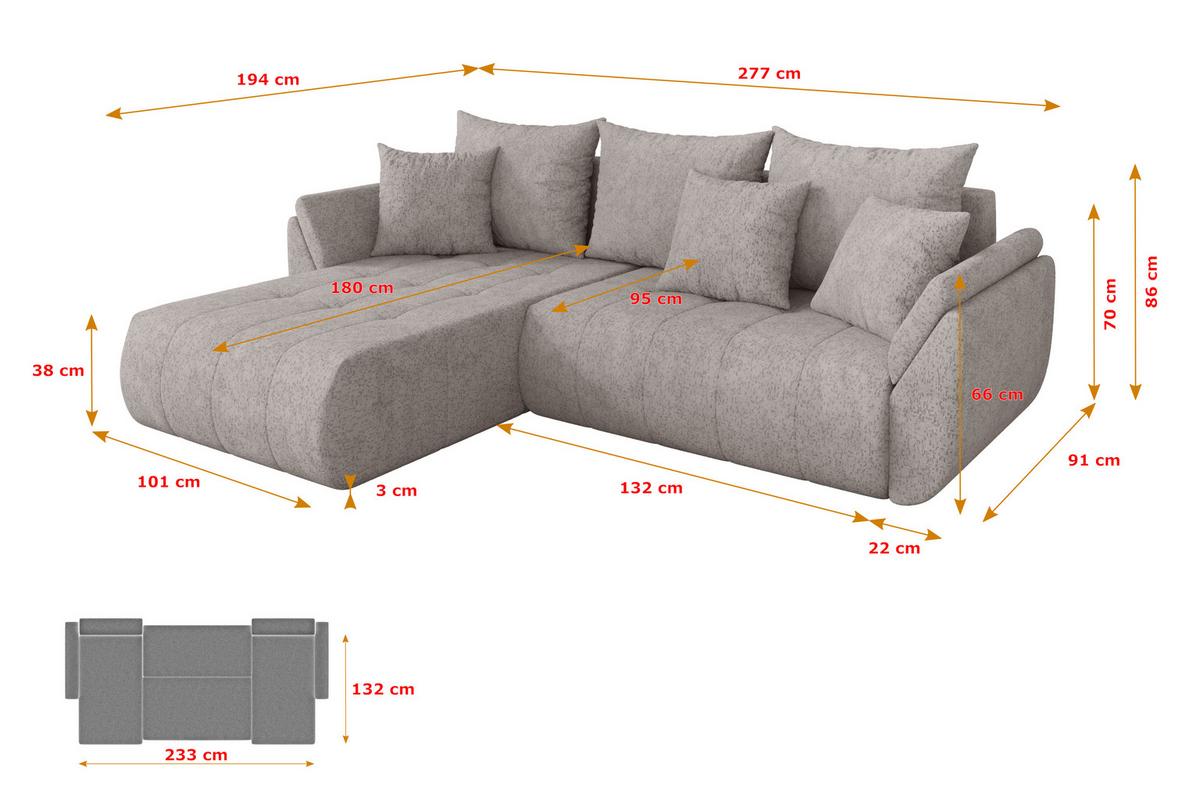 ECKSOFA mit Schlaffunktion Ottomane Links TOKO-L 277x194x86 Hellgrau Velours - Hellgrau/Schwarz, Holzwerkstoff/Kunststoff (277/194cm) - ALTDECOR