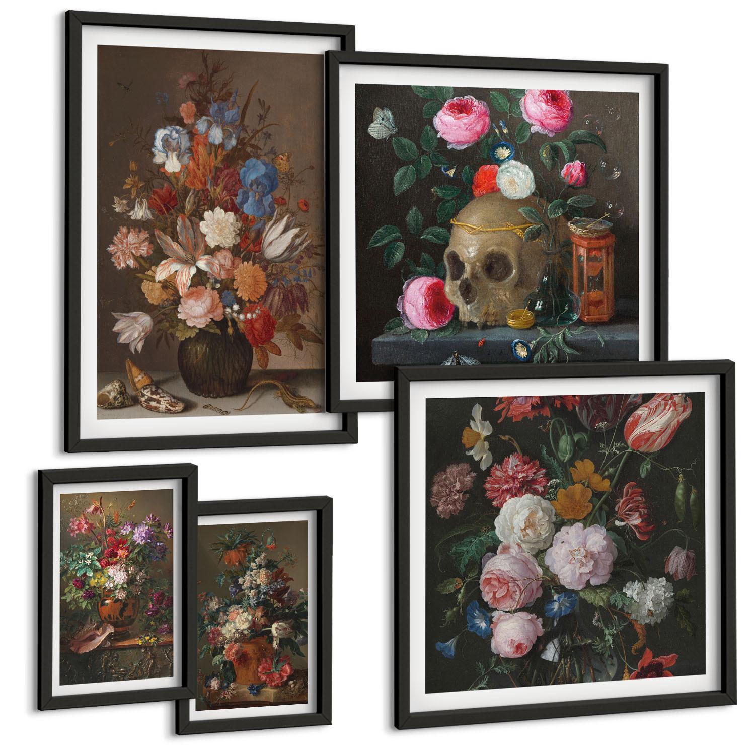 BILDER SET 5er Set - 50x50 cm & 20x30 cm & 40x60 cm Schwarzer Rahmen - Pfingstrosenporträt einer Frau für Zuhause - Schwarz, Kunststoff (40/60cm) - TULUP