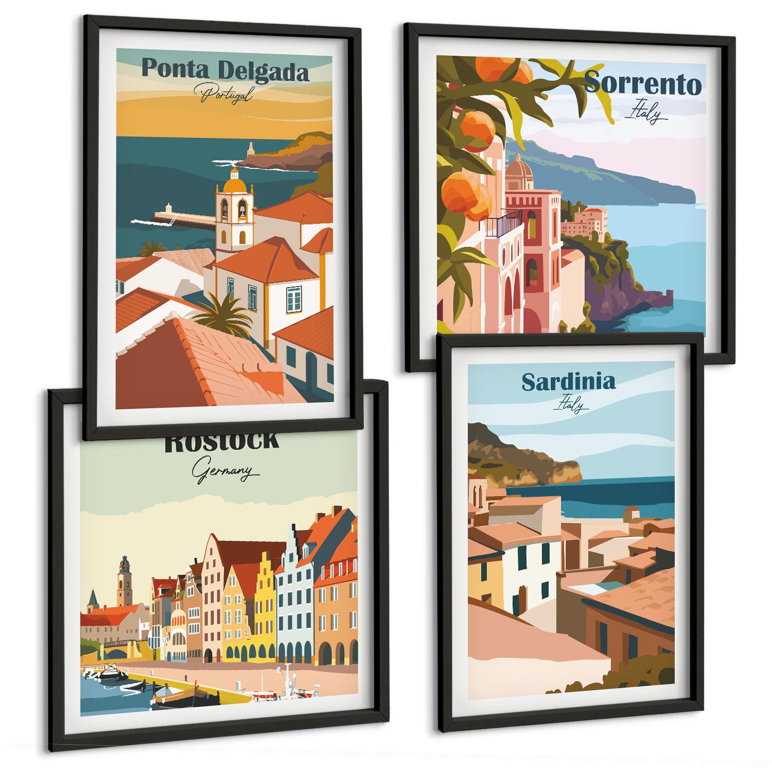 BILDER SET 4er Set - 50x50 cm & 40x60 cm Schwarzer Rahmen - Ansichten europäischer Häfen - Schwarz, Kunststoff (50/50cm) - TULUP
