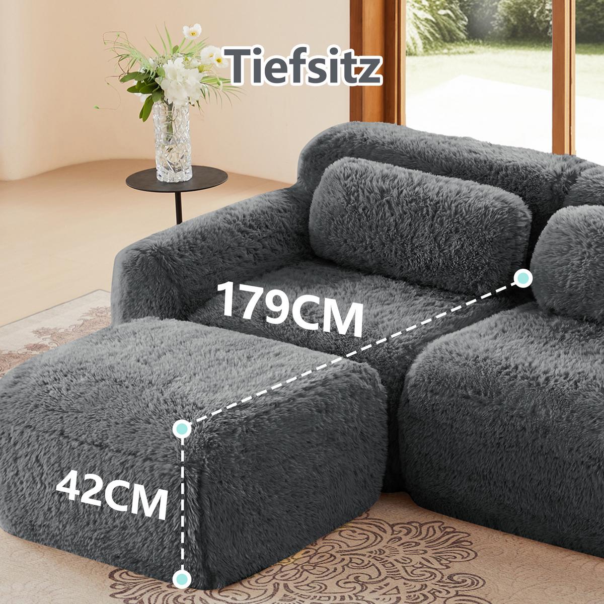 2-SITZER SOFA plüschstoff grau mit rahmenlosem design & rutschfester basis - Grau, Textil (204/73/104cm) - Urban Meuble