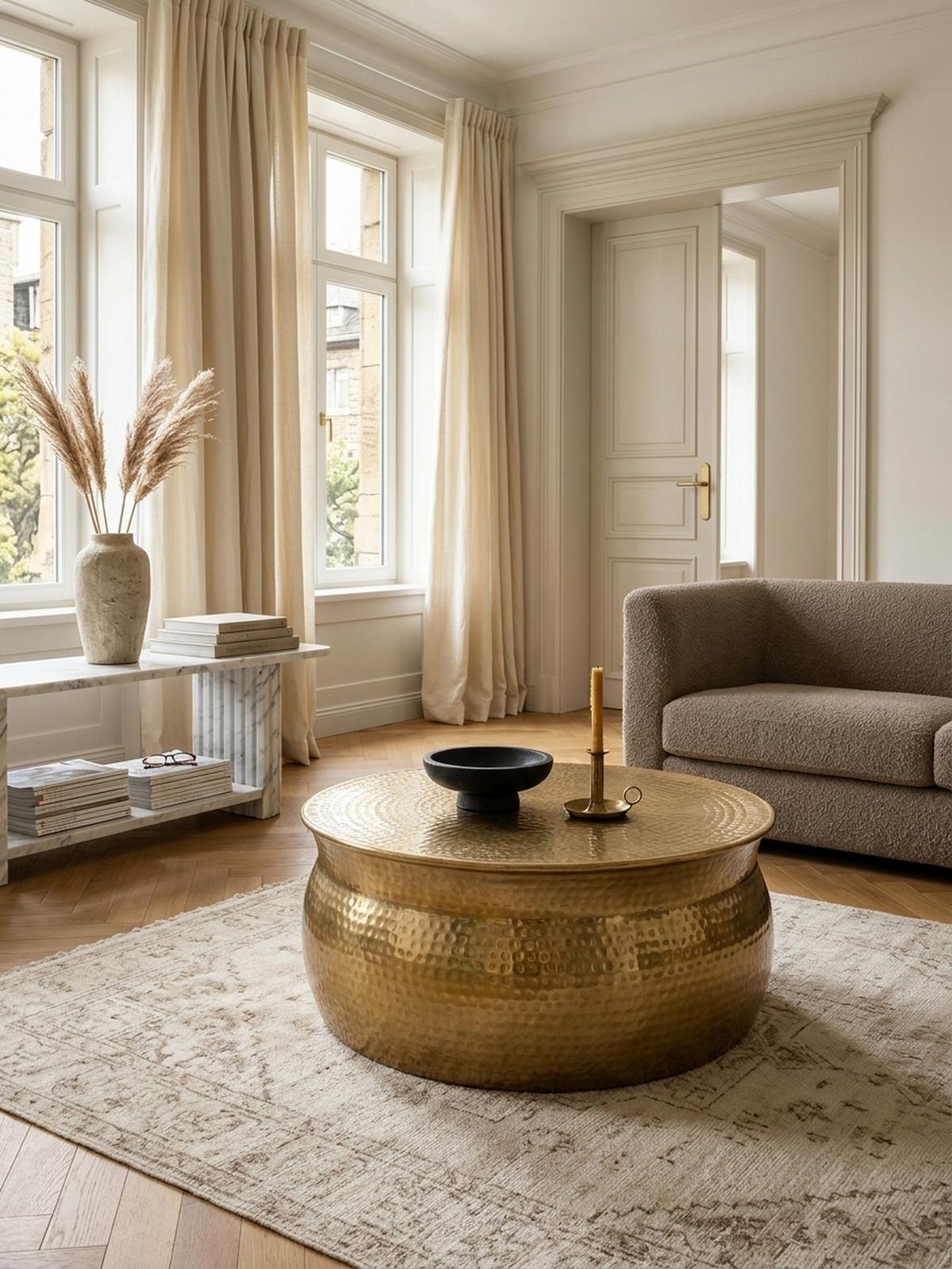 COUCHTISCH Orient Handgefertigt Hammerschlag-Aluminium Großzügige Ablagefläche, Gold 75x75x31 cm - Goldfarben, Metall (75/75/31cm) - KADIMA DESIGN