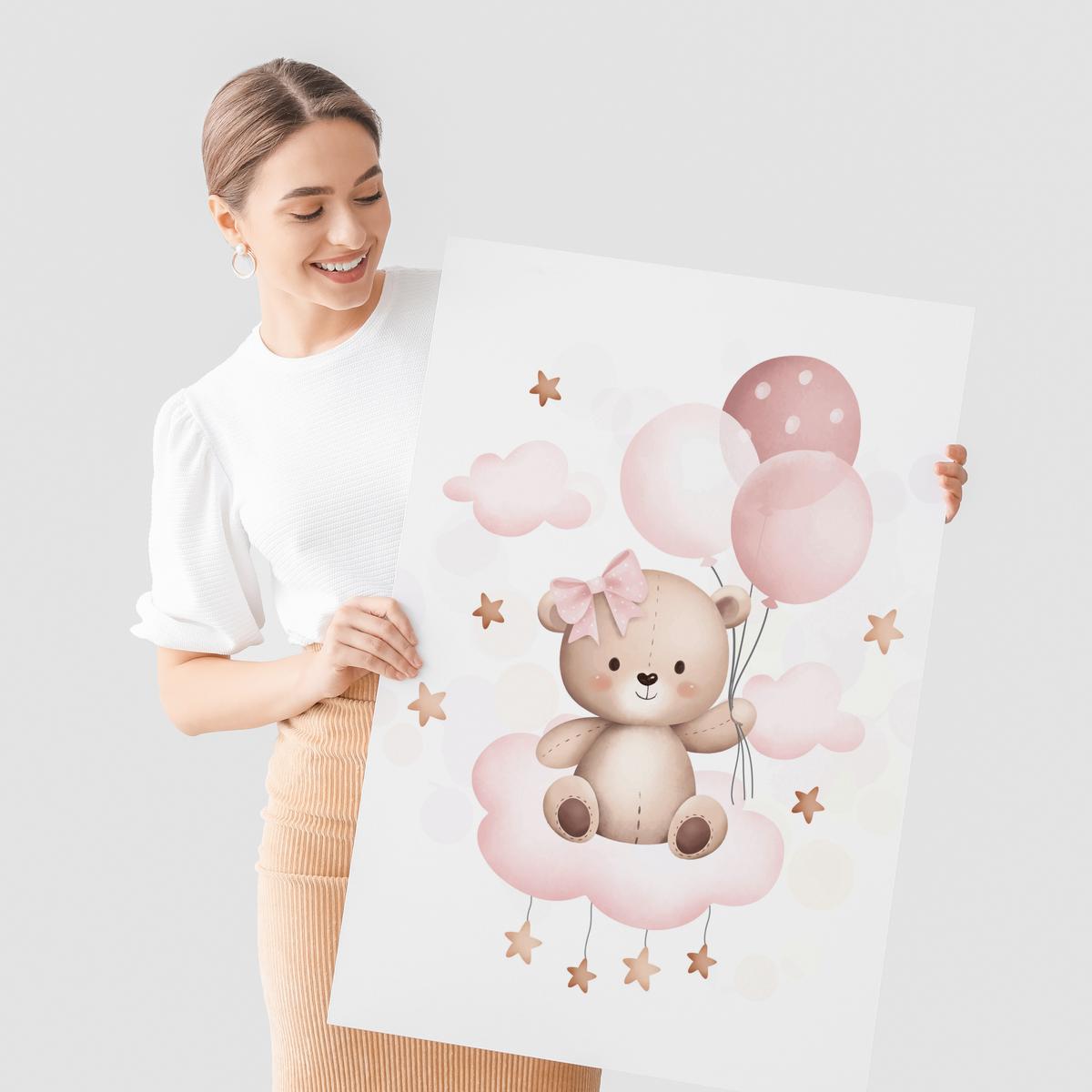 POSTER SET für Kinderzimmer Teddybären Ballons Wolken Sterne 3x Poster A4 21x30cm - Beige/Rosa, Papier (21/30/1cm) - Muralo