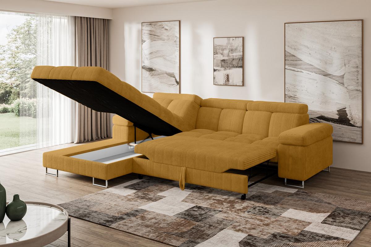 ECKSOFA mit Schlaffunktion Ottomane Links 271x203x79 Senfgelb Cord - Honig, Holzwerkstoff/Textil (271/203cm) - ALTDECOR