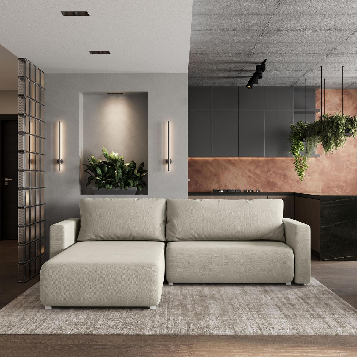ECKSOFA TURIN Creme Geflochtener Stoff mit Schlaffunktion - Creme, Holz (265/183cm) - MASSENO