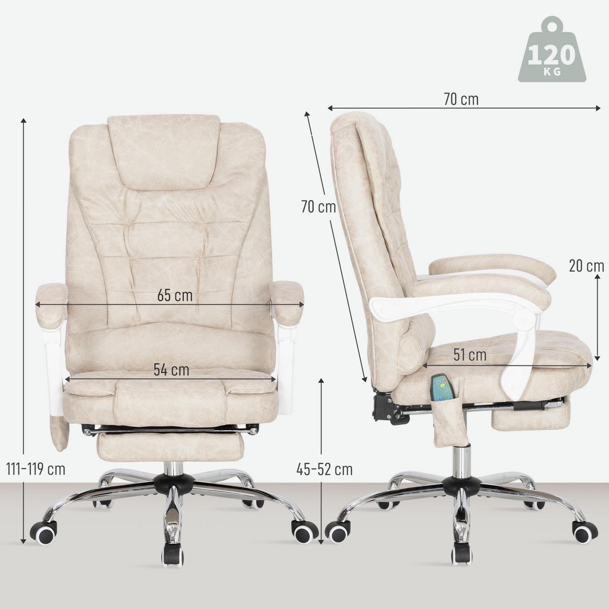BÜROSTUHL mit Massagefunktion, Ergonomisch Schreibtischstuhl mit Liegefunktion - Silberfarben/Creme, Kunststoff/Textil (70/119/65cm) - Vinsetto