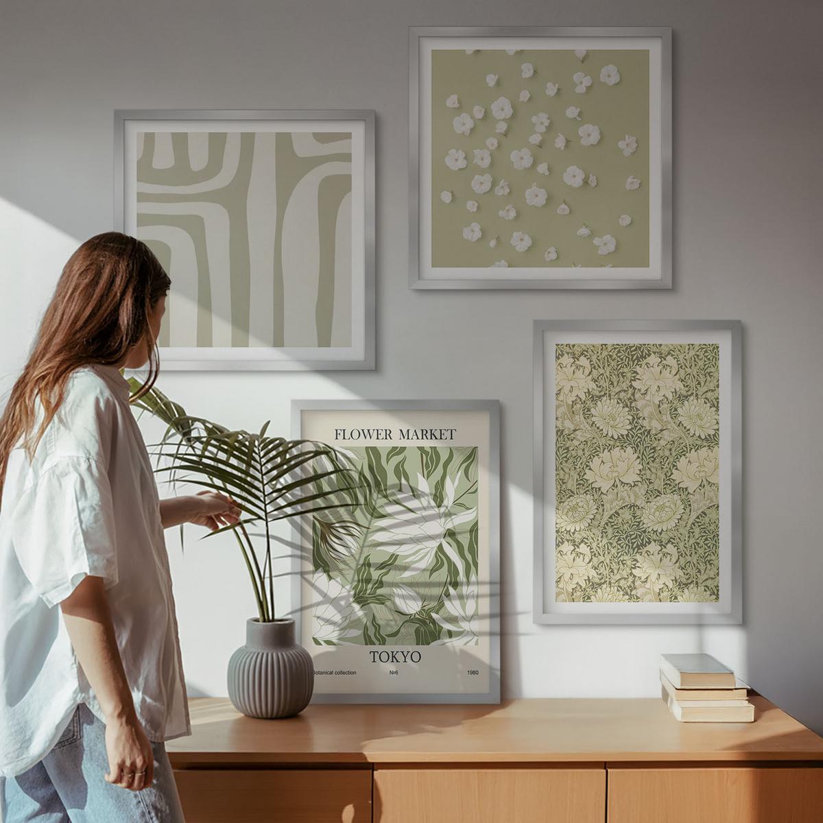 BILDER SET 4er Set - 50x50 cm & 40x60 cm Silberner Rahmen - Boho-Pflanzenkompositionen in Pastellfarben - Silberfarben, Kunststoff (50/50cm) - TULUP
