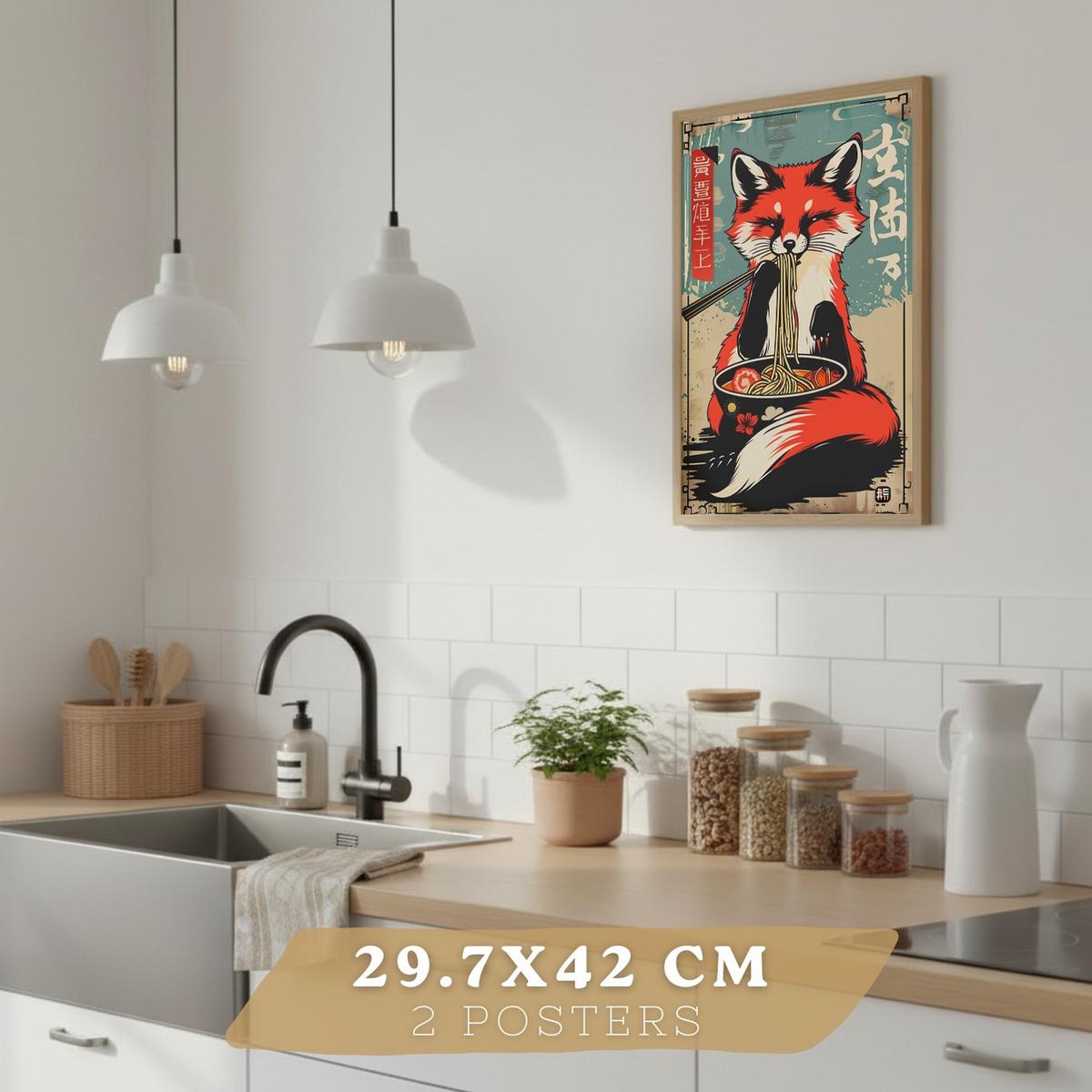 POSTER 4er Set Japanische Ramen Tier-Wandbilder Katze Fuchs und Hase Nudeln Vintage Küche Deko Leichter Holzrahmen A3 - Beige, Papier (29.7/1/42cm) - Nacnic