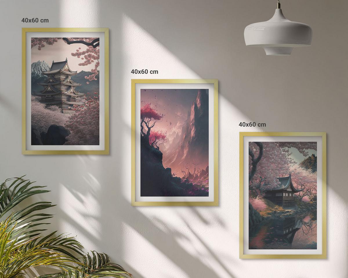 BILDER SET 3er Set - 40x60 cm Goldrahmen - Fantasielandschaften der japanischen Berge - Goldfarben, Kunststoff (40/60cm) - TULUP