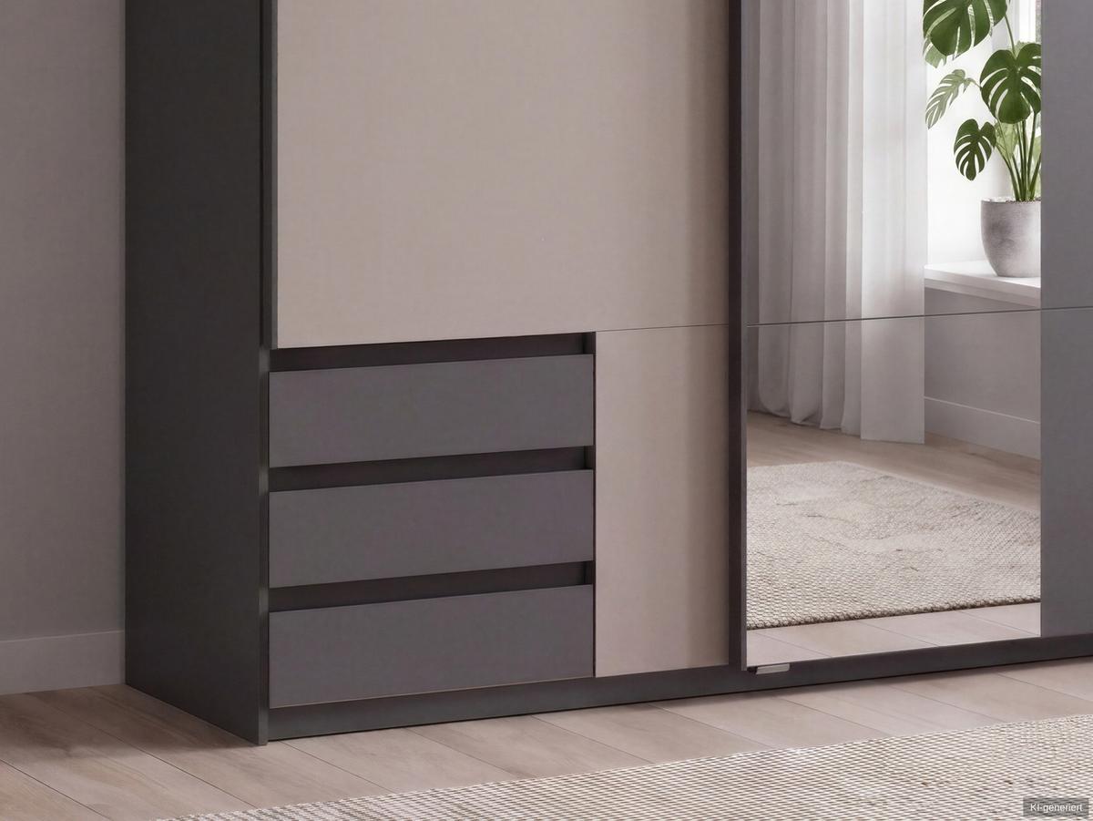SCHWEBETÜRENSCHRANK 2-türig B135/H198/T65 cm, Kleiderschrank mit Spiegel & sichtbaren Schubkästen in Grafit, 1x Tür in Sandgrau / 22680 - Sandfarben/Graphitfarben, Holz/Holzwerkstoff (135/198/65cm) - luma-home