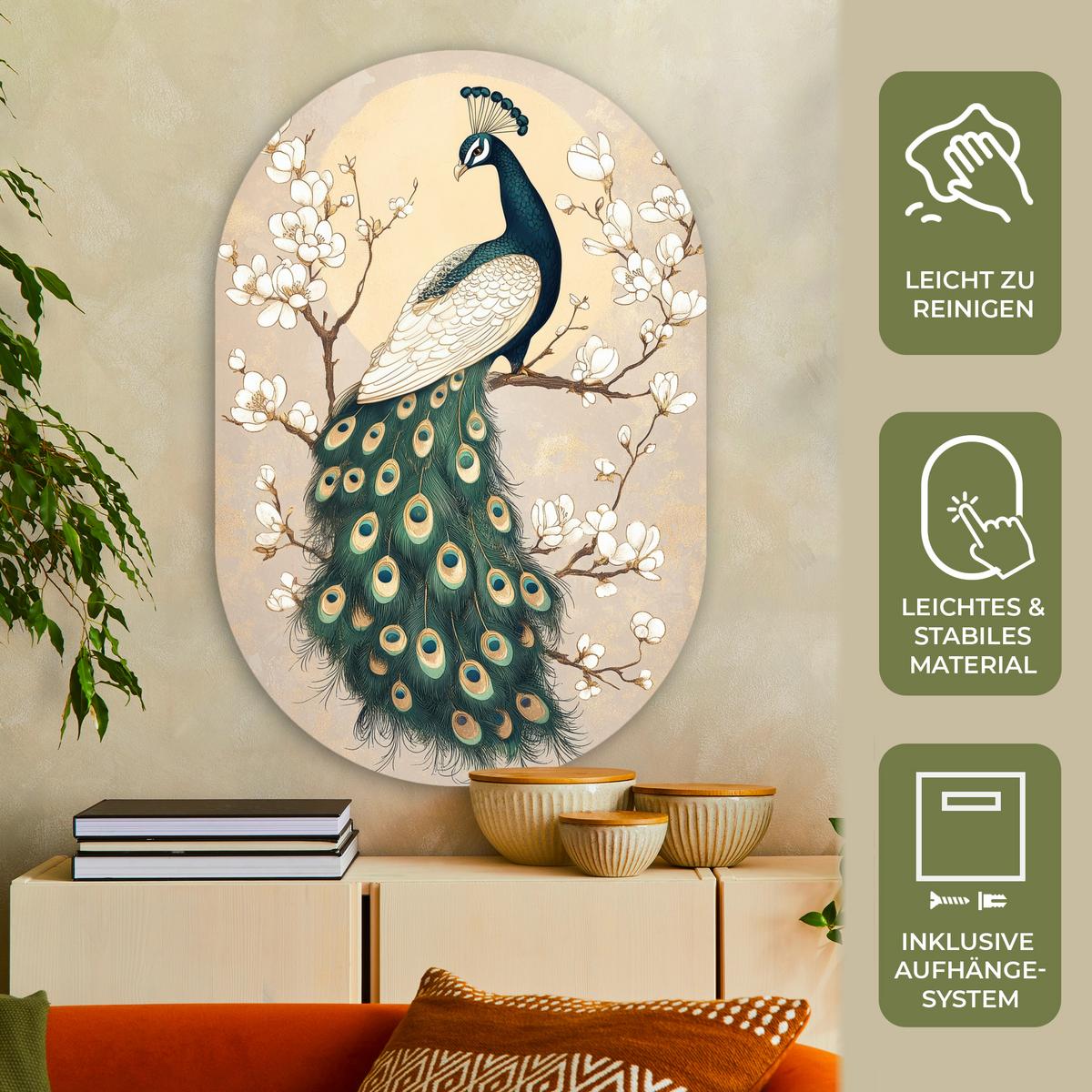 WANDBILD Pfau - Zweig - Blumen Deko Groß 80x120 cm - Champagner, Kunststoff (80/120cm) - MuchoWow