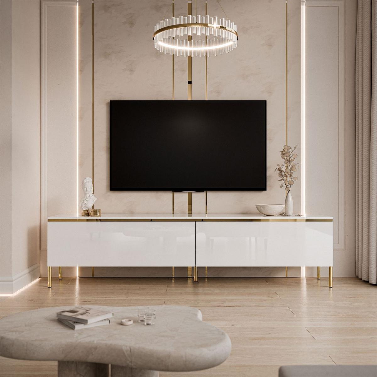 TV-LOWBOARD AURORA Weiß mit gerade Goldchrom Fuße - Weiß Hochglanz/Goldfarben, Holzwerkstoff/Metall (180/46/40cm) - Lookway