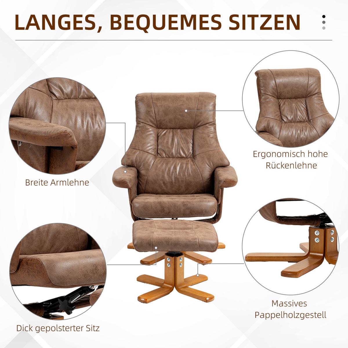 RELAXSESSEL mit Hocker, Fernsehsessel, Polstersessel TV Sessel mit Liegefunktion - Braun, Kunststoff (82.5/109/78cm) - HOMCOM