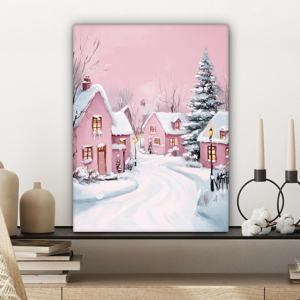 LEINWANDBILD Weihnachtsdorf - Rosa - Winter - Schnee - Häuser Room Decor 30x40 cm - Altrosa, Textil (30/40cm) - MuchoWow