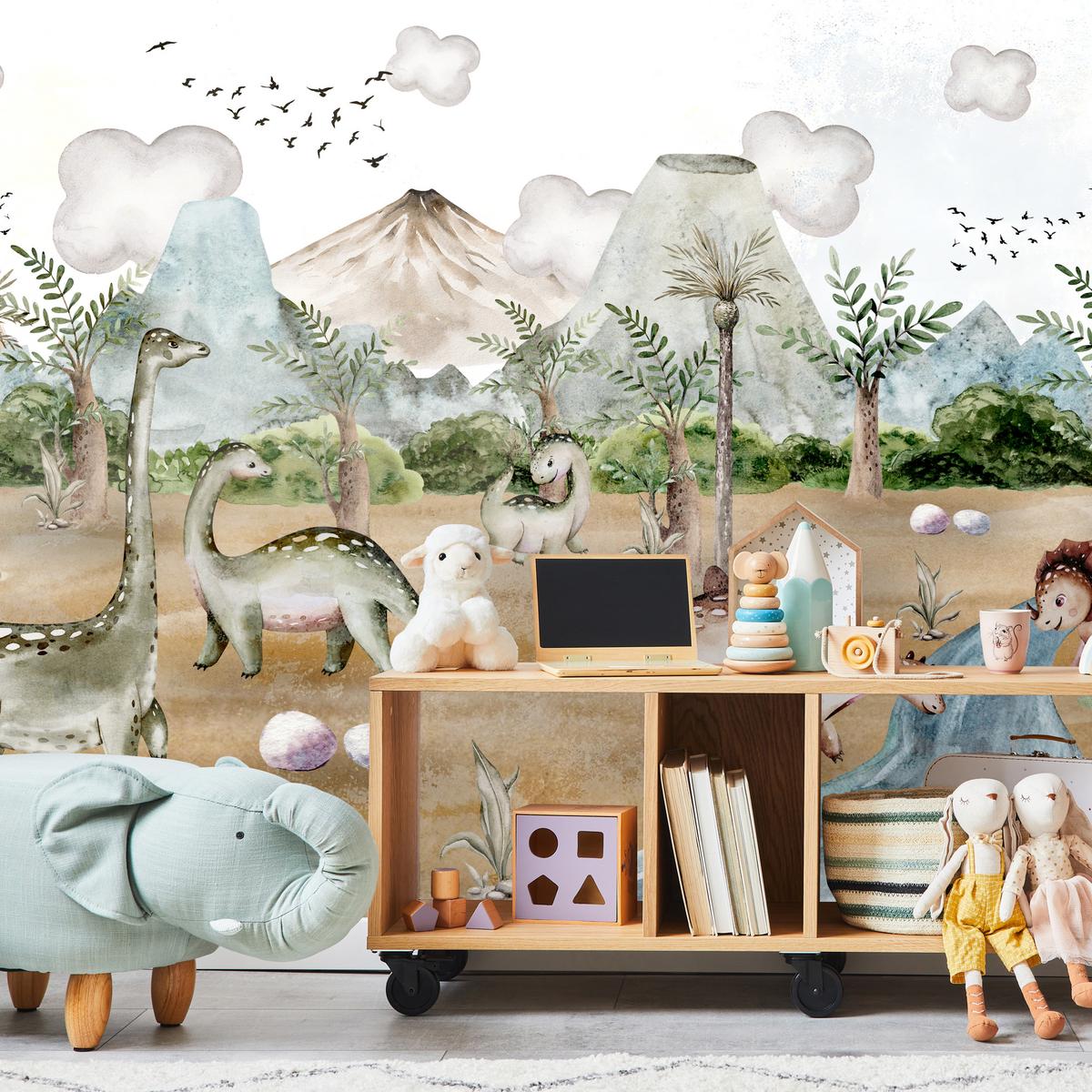 FOTOTAPETE für Kinderzimmer Dinosaurier Welt Vulkane Aquarell Tropische Bäume 300x210 - Blau/Beige, Papier (300/210cm) - Muralo
