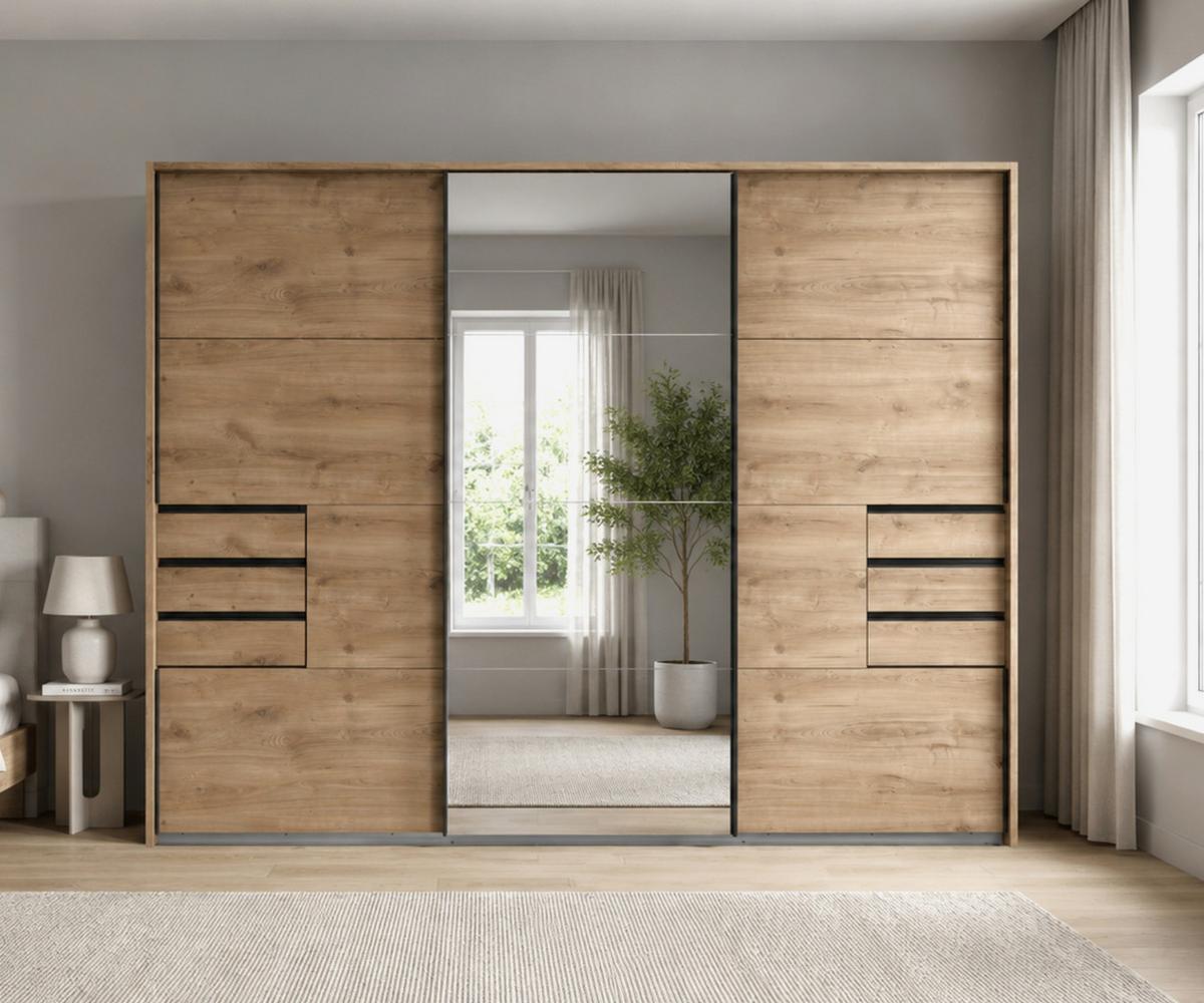 SCHWEBETÜRENSCHRANK 3-türig B273/H213/T64 cm, Eiche Dekor/Spiegel, Passepartout-Kleiderschrank mit Schubladen & Vollausstattung / 22618 - Eichefarben/Schwarz, Holzwerkstoff/Metall (273/213/64cm) - luma-home