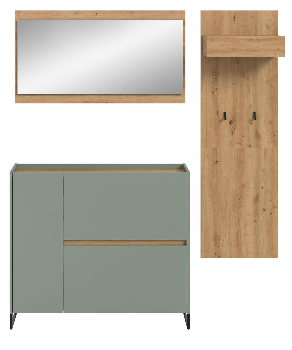 GARDEROBEN-SET 3-teilig Salbei grün, Eiche Artisan 175 cm, Garderobenschränke mit Soft-Close - Salbeigrün/Schwarz, Glas/Holzwerkstoff (175/192/32cm) - Inn.Furn