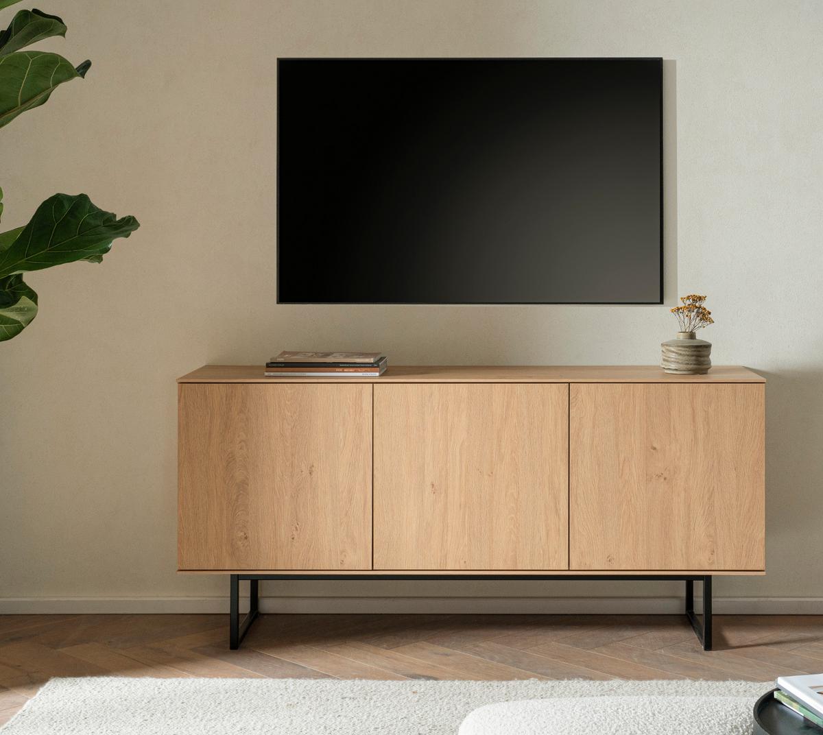 TV-LOWBOARD Stone Eiche 150 x 70 cm, Fernsehtisch mit Push-to-Open und Komforthöhe - Eichefarben/Schwarz, Holzwerkstoff/Metall (150/70/40cm) - Furn.Design