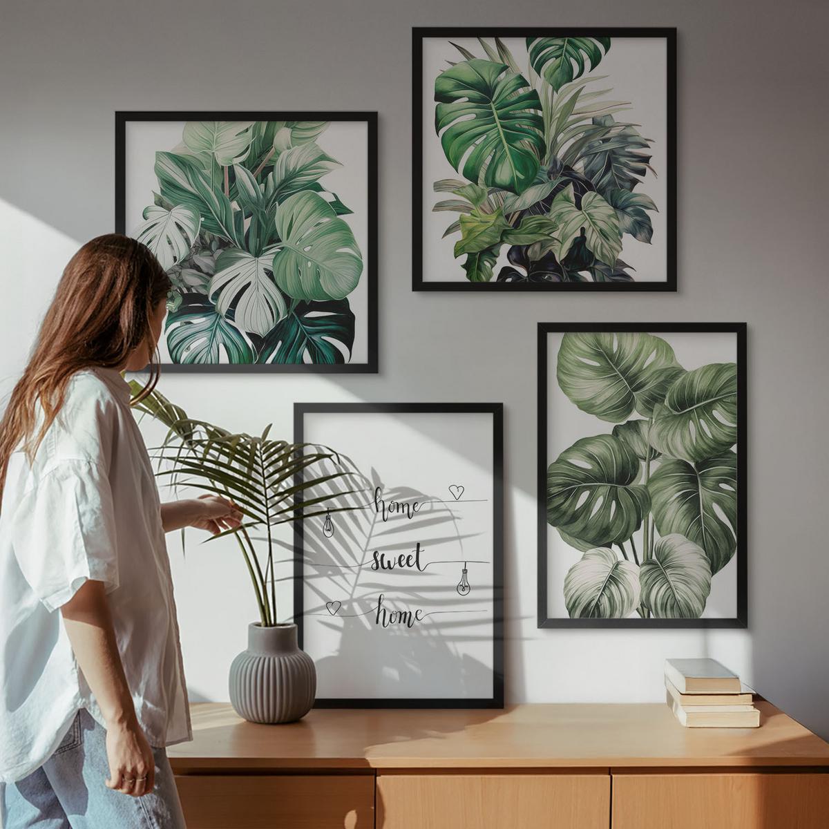 BILDER SET 4er Set - 50x50 cm & 40x60 cm Schwarzer Rahmen - Aquarell-Monstera-Blätter - Schwarz, Kunststoff (50/50cm) - TULUP