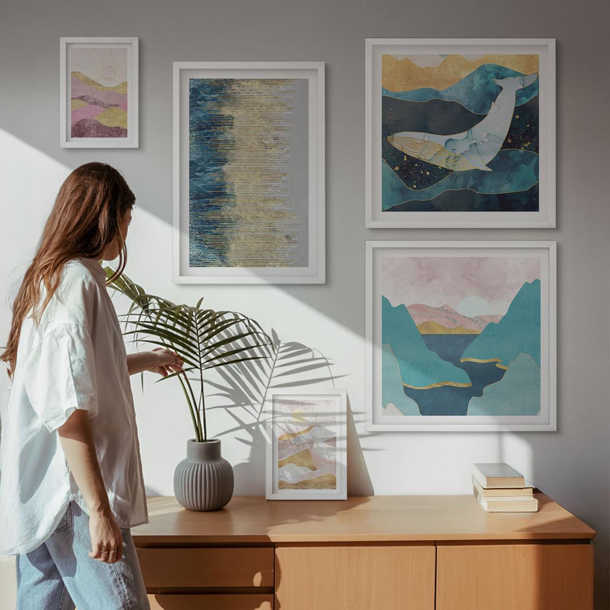 BILDER SET 5er Set - 50x50 cm & 20x30 cm & 40x60 cm Weißer Rahmen - Abstrakte Berge Sonne - Weiß, Kunststoff (40/60cm) - TULUP