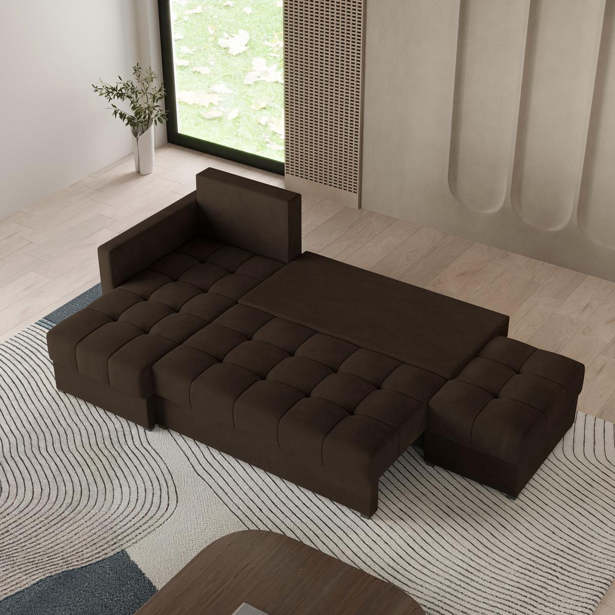 ECKSOFA LUMARI L-S Braun Plüsch-Stoff mit Schlaffunktion - Braun, Holz (262/143cm) - MASSENO