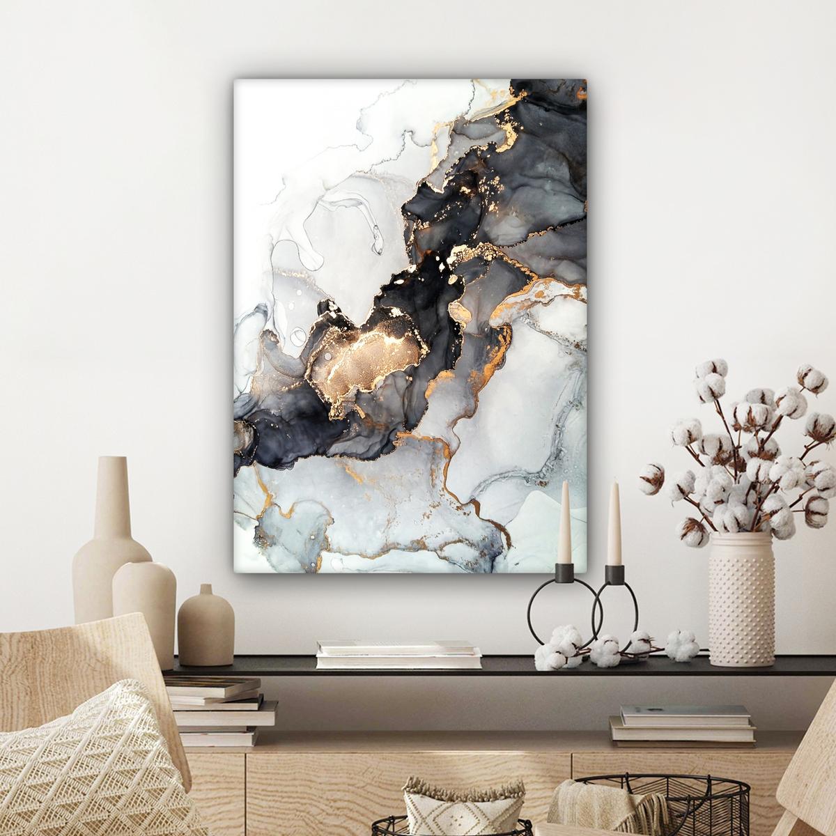 LEINWANDBILD Marmor - Schwarz - Weiß - Gold - Luxus - Abstrakt Wandbild Wohnzimmer 60x80 cm - Goldfarben, Textil (60/80cm) - MuchoWow