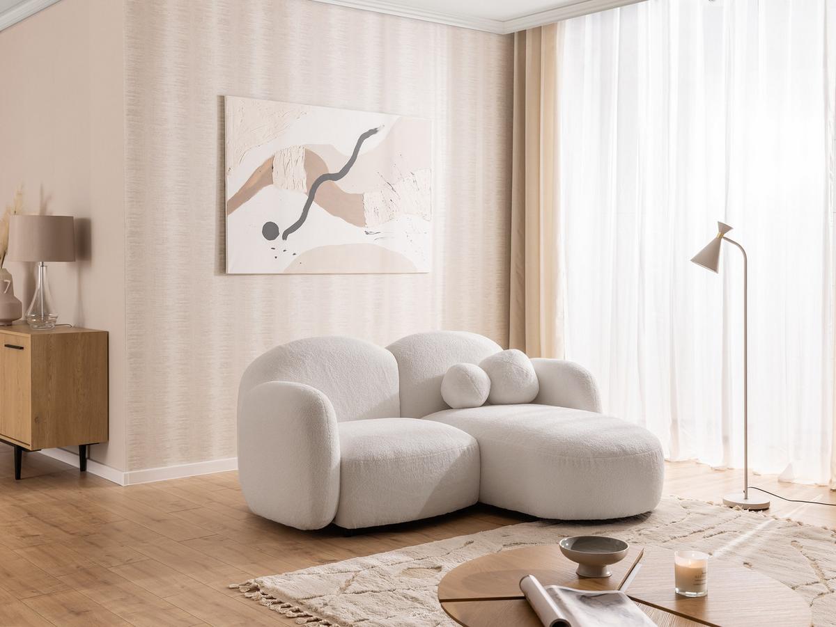 ECKSOFA Nuvola mit abgerundetem Design Weiß Bouclé-Stoff - Ottomane Rechts - Schwarz/Weiß, Holz/Kunststoff (190/146cm) - S-Style Möbel
