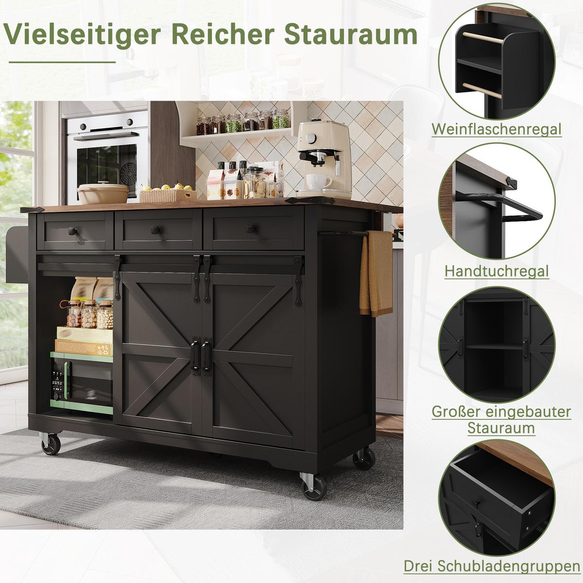 KÜCHENINSEL Schwarz mit Klapptisch, Schiebetüren & Rollen - Schwarz, Holzwerkstoff (140/94/45cm) - Urban Meuble