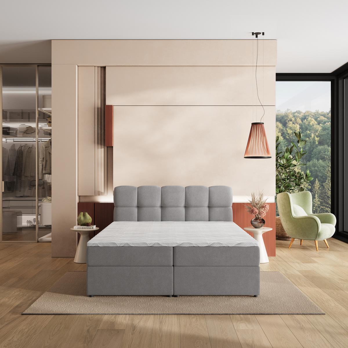 BOXBETT MERU 200x200 cm mit Matratze und Topper, H2+H3 - Grau - Grau, Holz (200/200cm) - MASSENO