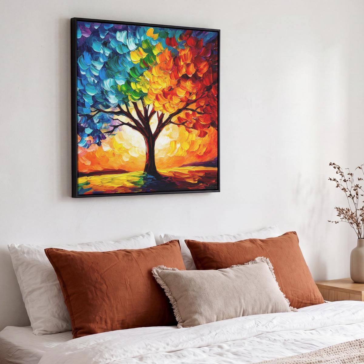 LEINWAND Bilder mit Rahmen - Baum - Kunst - Natur - Sonnenuntergang - 50x50 - Multicolor, Textil (50/50cm) - MuchoWow