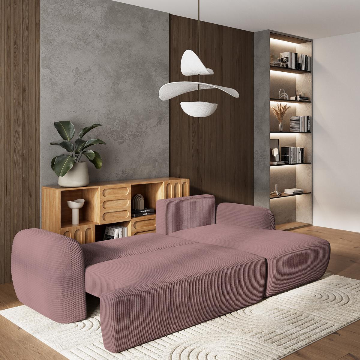 ECKSOFA MODENZA P R-S Lila Kordstoff mit Schlaffunktion - Lila/Schwarz, Holz/Kunststoff (266/148cm) - MASSENO