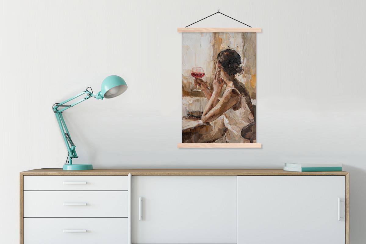 POSTER MIT MAGNETLEISTEN Ölgemälde - Frau - Wein Wandbild Schlafzimmer 60x90 cm - Hellbraun, Textil (60/90/0.15cm) - MuchoWow