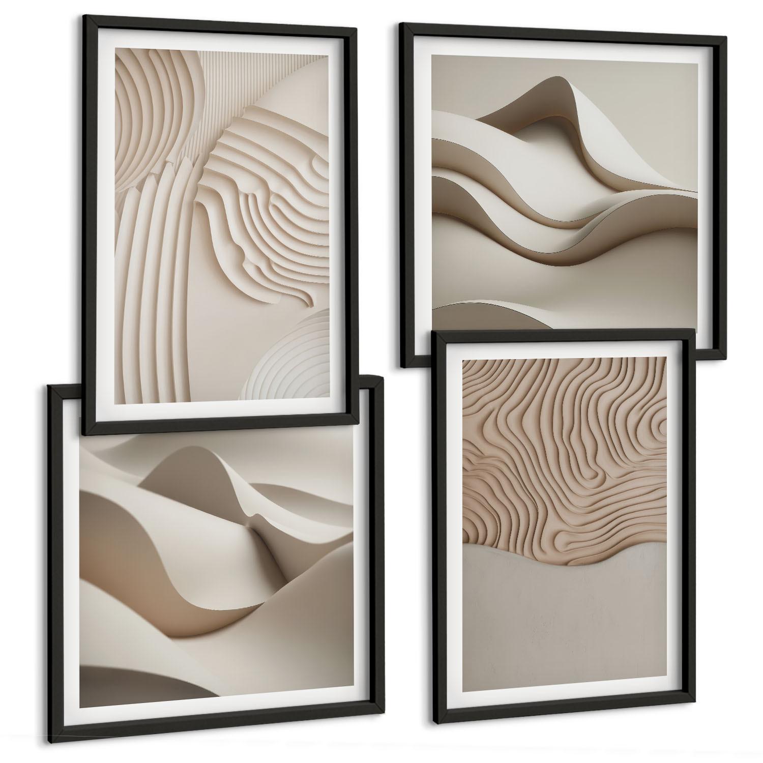 BILDER SET 4er Set - 50x50 cm & 40x60 cm Schwarzer Rahmen - Abstrakte Wellen auf dem Sand - Schwarz, Kunststoff (50/50cm) - TULUP