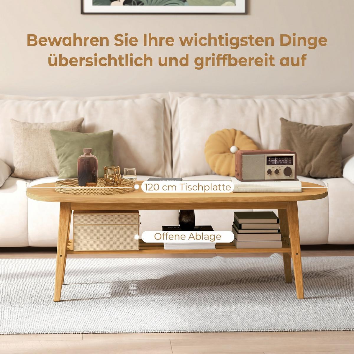 COUCHTISCH Mehrschichtplatte Kautschukbaumholz Naturholz - Naturfarben, Holz/Holzwerkstoff (120/60/42cm) - HOMCOM