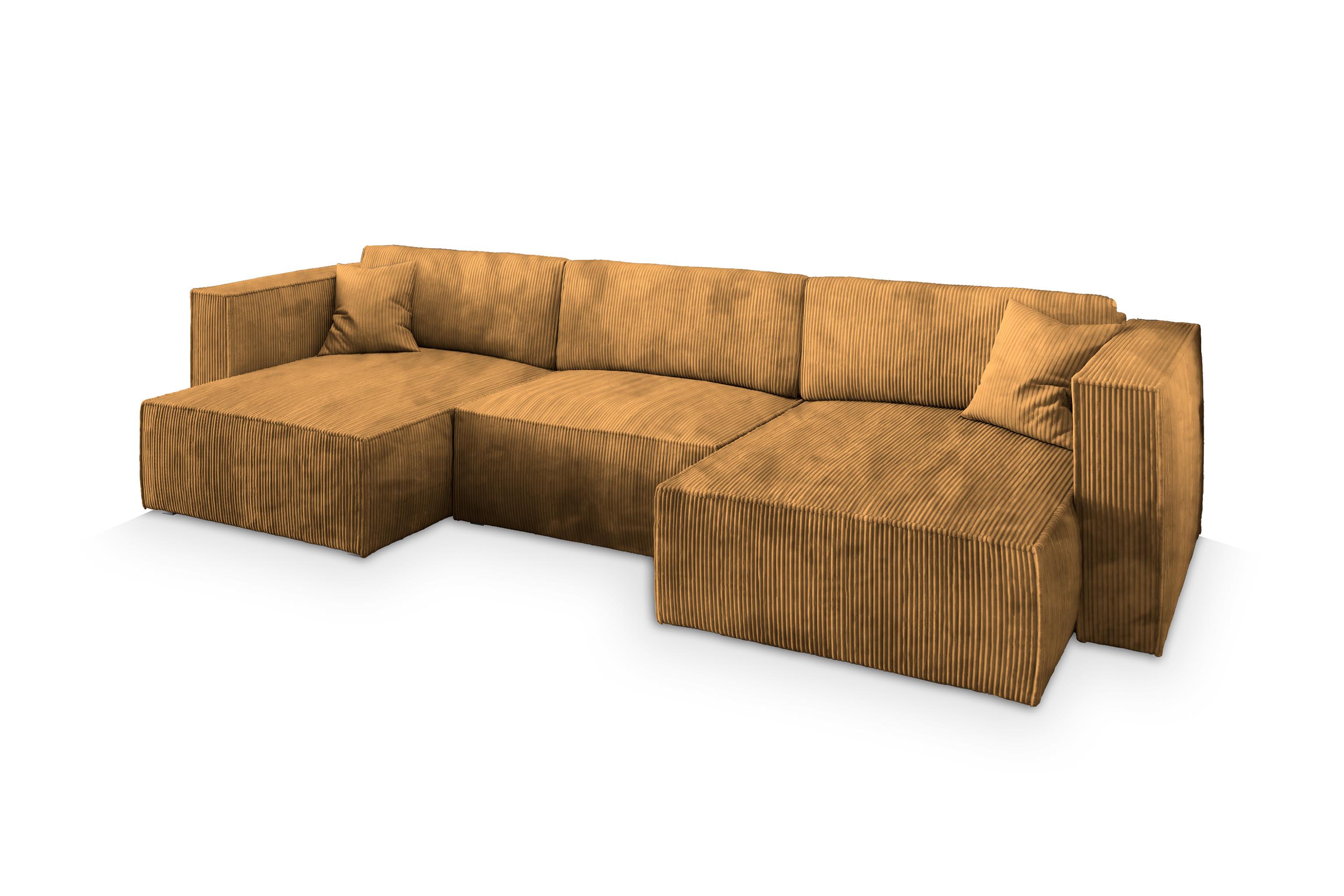WOHNLANDSCHAFT SARMO P Gelb Kordstoff mit Schlaffunktion - Gelb/Grau, Holz/Kunststoff (347/70/148cm) - MASSENO
