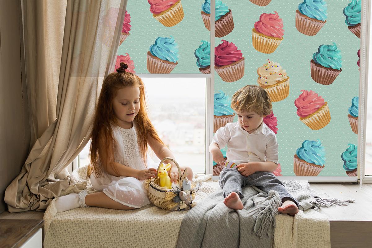 INNENROLLO - Fensterrollo - Rollo - 120x140 cm - Cupcakes - Blau, Kunststoff (120/140/0.5cm) - TULUP