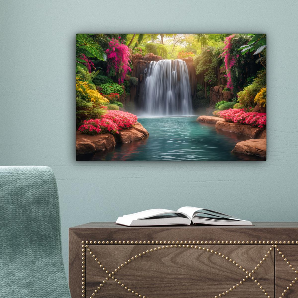 LEINWANDBILD Wasserfall - Natur - Pflanzen - Dschungel - Wasser Deko Schlafzimmer 30x20 cm - Grün, Textil (30/20cm) - MuchoWow