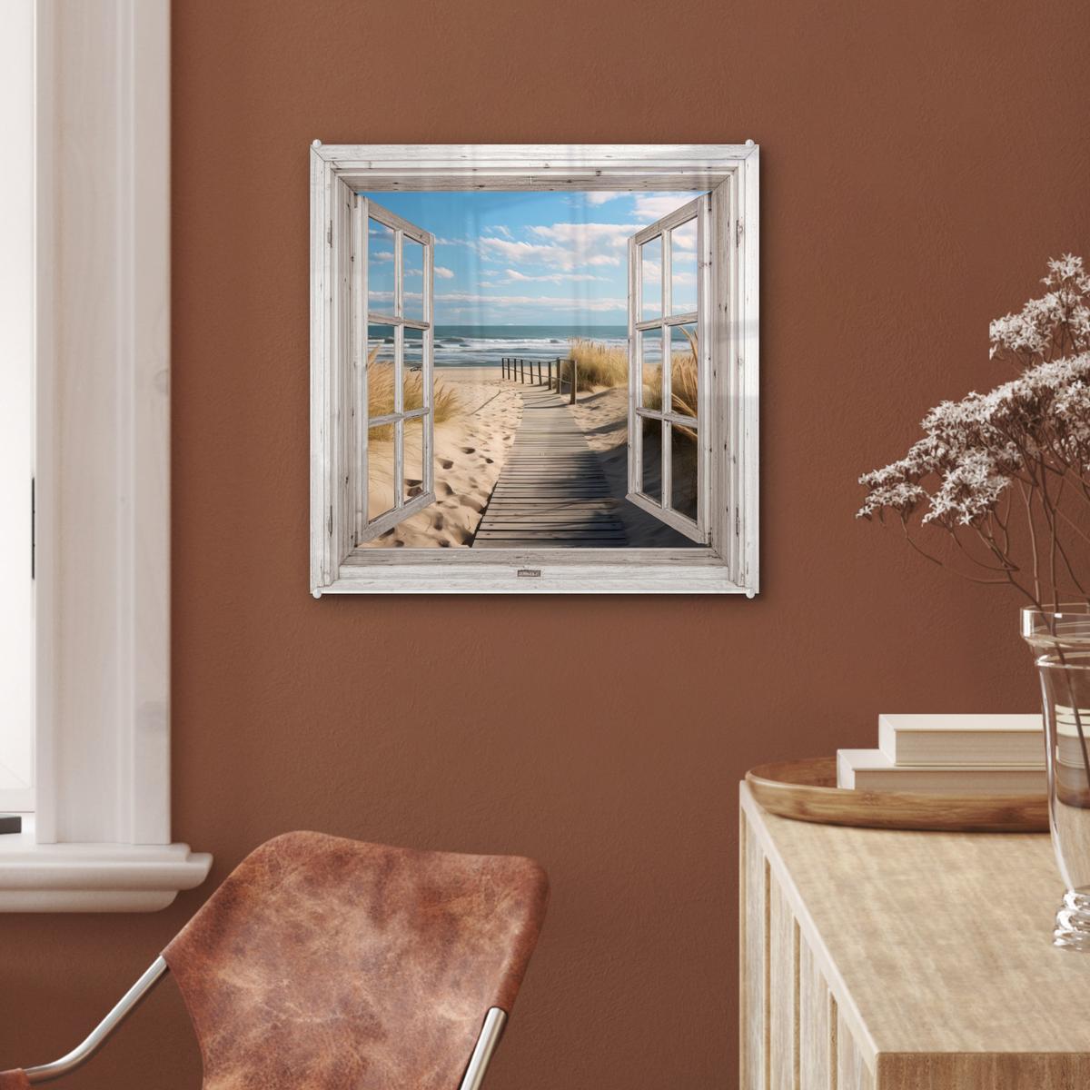 ACRYLGLASBILD Fenster - Meer - Küste - Natur - Ausblick - Strand - Wattenmeer 50x50 cm - Beige, Glas (50/50cm) - MuchoWow