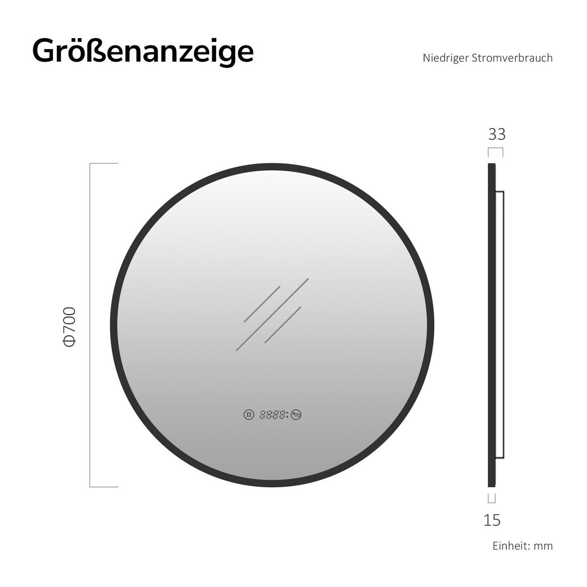 BADSPIEGEL mit LED-Beleuchtung Anti-Beschlag Zeitanzeige Schwarz Ø 70 cm - Schwarz, Glas (70/70/3cm) - EMKE