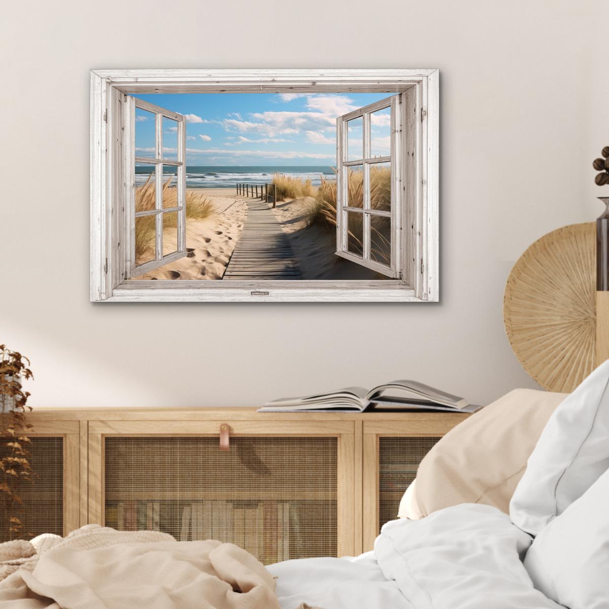 METALLBILD Fenster - Meer - Küste - Natur - Ausblick - Strand - Wattenmeer Wandbild 60x40 cm - Beige, Metall (60/40cm) - MuchoWow