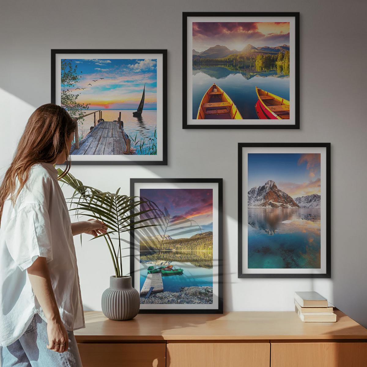 BILDER SET 4er Set - 50x50 cm & 40x60 cm Schwarzer Rahmen - Seen- und Berglandschaft Łódź - Schwarz, Kunststoff (50/50cm) - TULUP