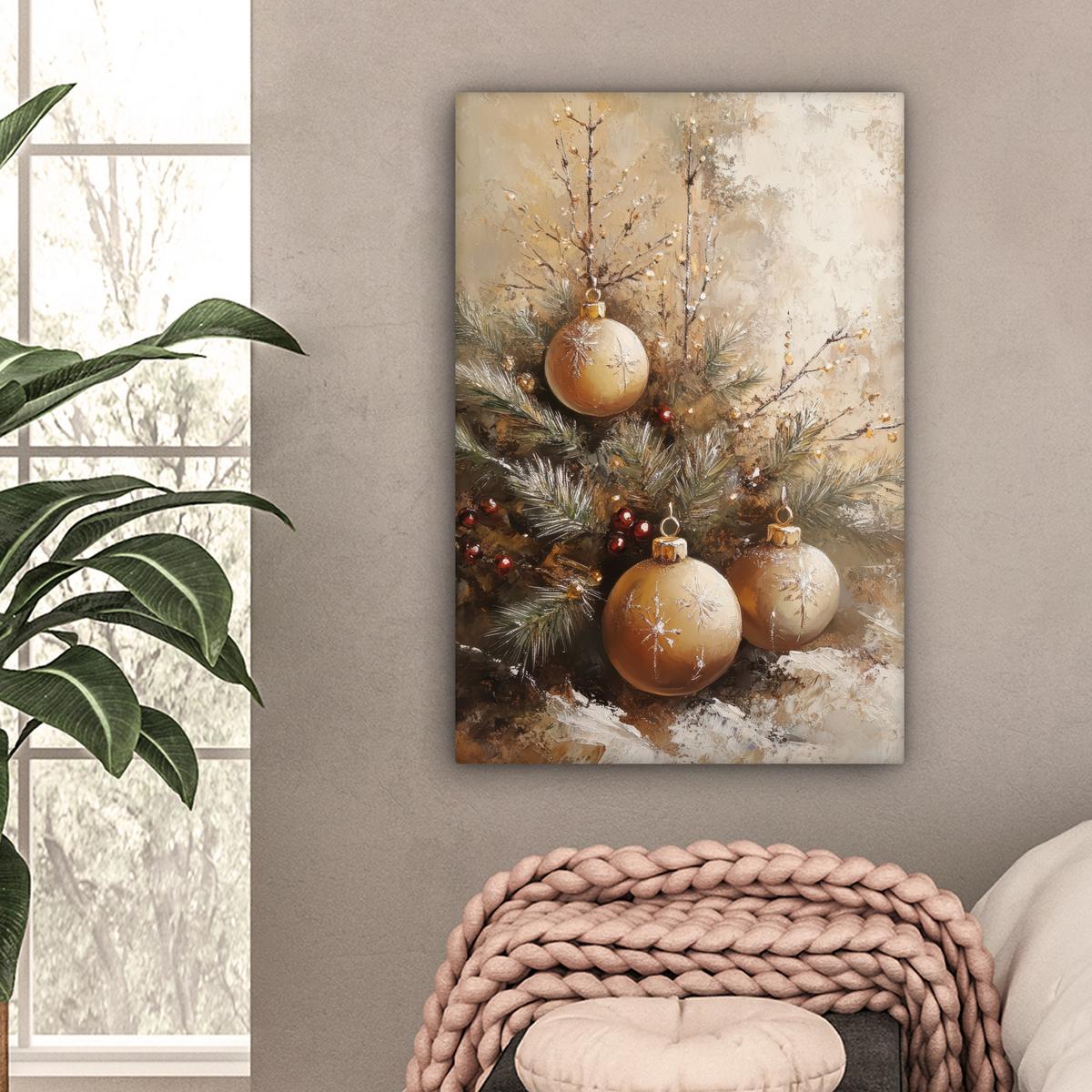 LEINWANDBILD Weihnachten - Kugeln - Beige - Gold Wanddeko Schlafzimmer 60x90 cm - Goldfarben, Textil (60/90cm) - MuchoWow