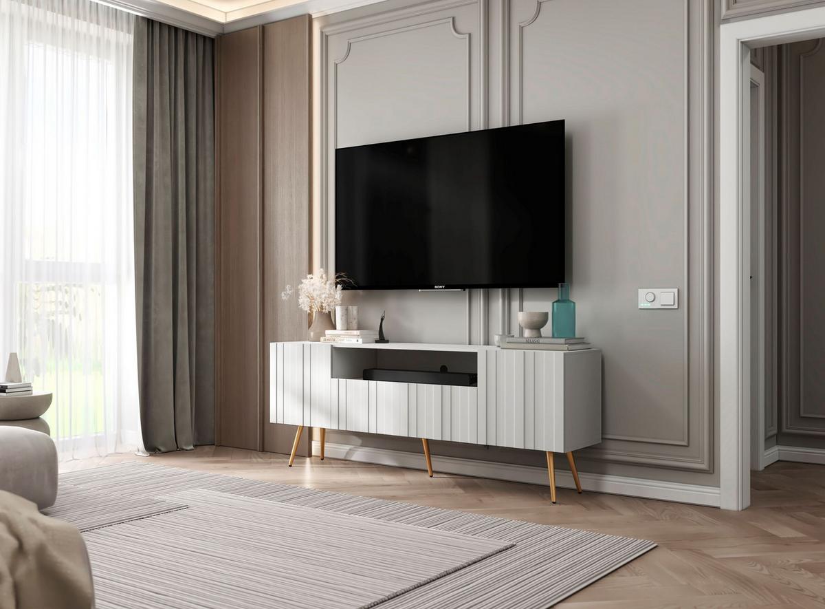 TV-SCHRANK Elpis2 Weiß Matt mit goldenen Metallbeine Glamour 150 cm - Goldfarben/Weiß, Holzwerkstoff/Metall (150/60.5/36.5cm) - Meble Lindner