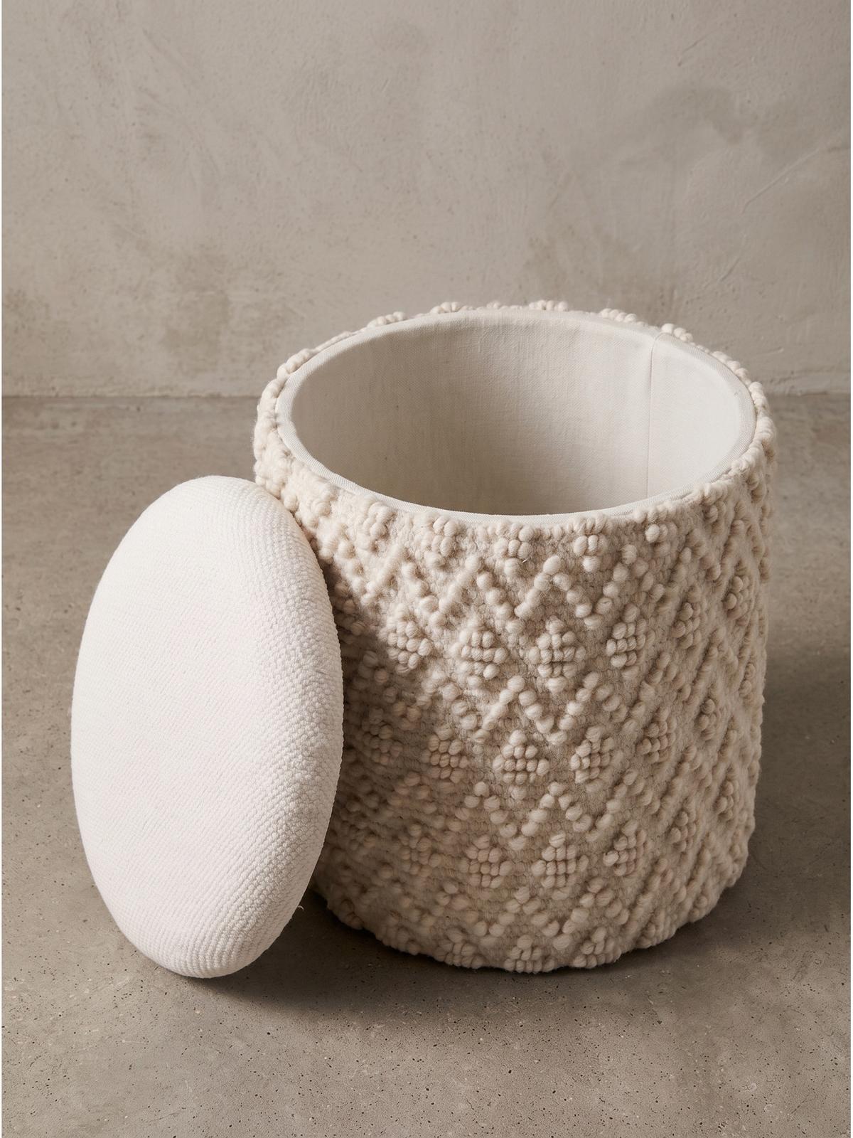 SITZHOCKER RHONE, Stoff, mit Textilbezug, mit Noppenstruktur, Creme, Ø 40 x 45 cm - Beige/Creme, Textil (40/45/40cm) - KADIMA DESIGN