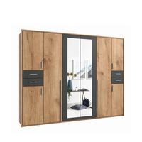 DREHTÜRENSCHRANK B273/H210/T58 cm, Eiche Dekor mit Absetzungen in Grafit, Kleiderschrank mit Passepartout & 2 Spiegeltüren & Schubkästen / 22576 - Eichefarben/Silberfarben, Holzwerkstoff/Kunststoff (273/210/58cm) - luma-home