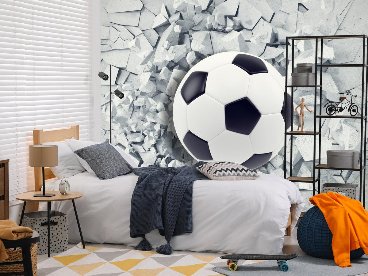 FOTOTAPETE für Kinderzimmer Fußball Riss Graue Wand Dynamik Sport 300x210 - Schwarz/Weiß, Papier (300/210cm) - Muralo