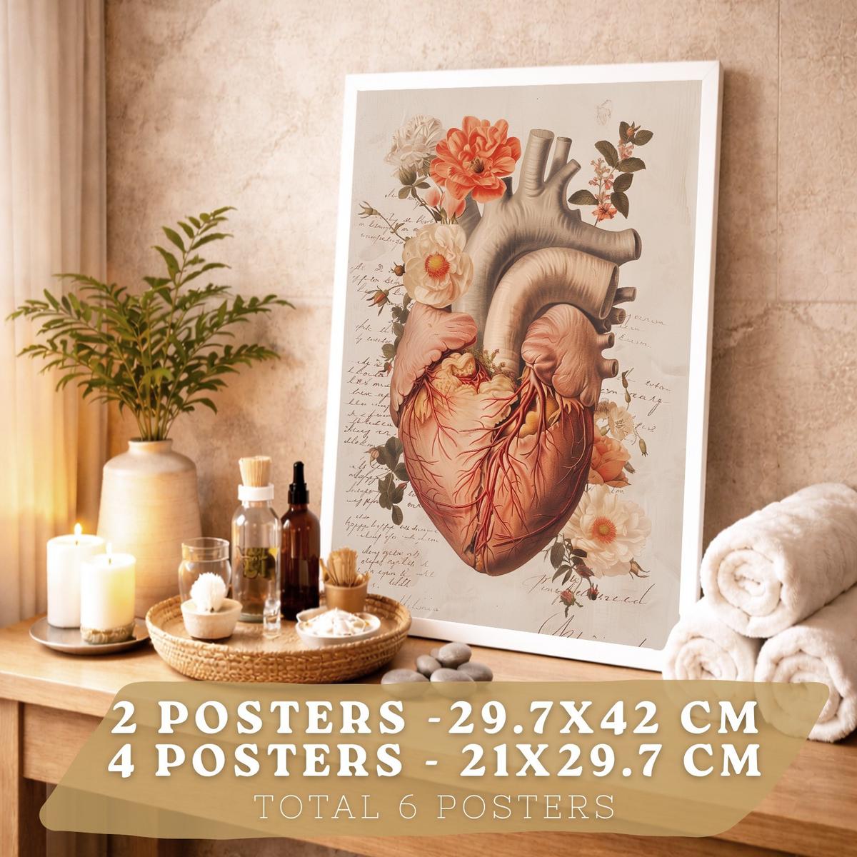 POSTER Kollektion aus 6 Anatomie Drucke und mit Herz Schädel Lungen Nieren und Gehirn Pergament Hintergrund dekoration Größe Weißer Rahmen A3 & A4 - Weiß, Papier (29.7/42/3cm) - Nacnic