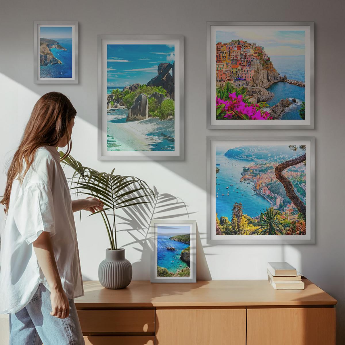 BILDER SET 5er Set - 50x50 cm & 20x30 cm & 40x60 cm Silberner Rahmen - Winterwald-Blaublume - Silberfarben, Kunststoff (40/60cm) - TULUP