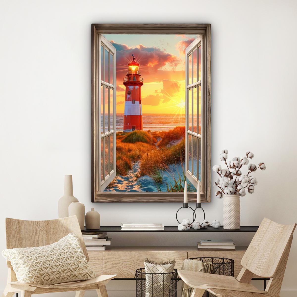 LEINWANDBILD Aussicht - Fenster - Leuchtturm - Sonnenuntergang - Strand Deko XXL 80x120 cm - Dunkelorange, Textil (80/120cm) - MuchoWow