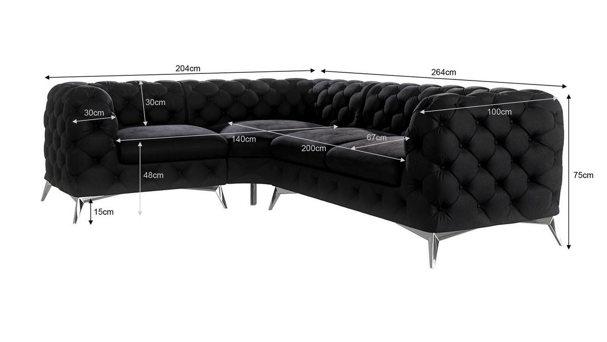 ECKSOFA Chesterfield Laura Schwarz Samt, Ottomane Links - Silberfarben/Schwarz, Holz/Textil (264/204cm) - S-Style Möbel